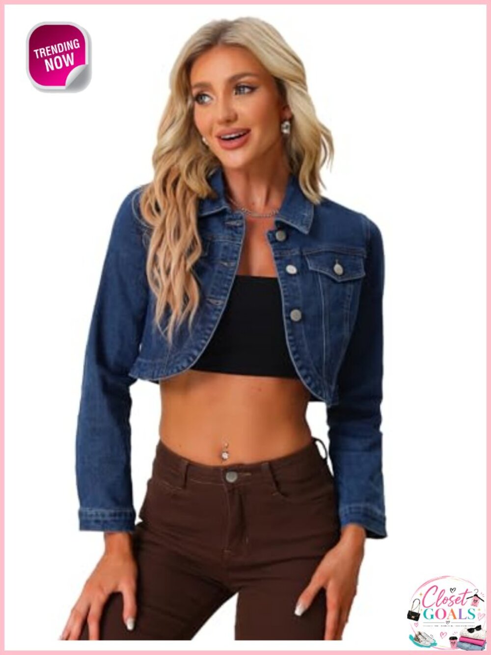 Allegra K Women's Cropped Denim Jacket Casual Button Down Curved Hem